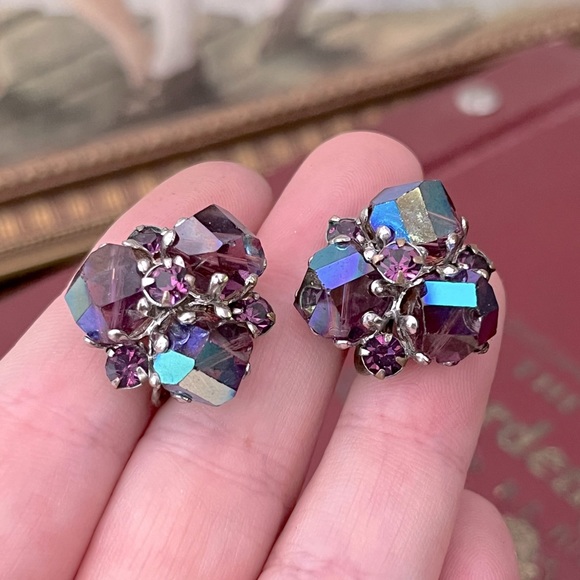 Vogue Jewelry - VTG AS IS Vogue Signed Purple Aurora Borealis Crystal Clip-on Costume Earrings